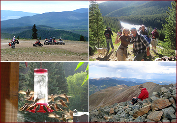 Red River offers a wealth of recreation year-round. Here we see a group 4-wheeling on a messa with the Rocky Mountains behind them. A group of hikers stops in front of a silver mountain stream for a photo, Dozens of hummingbirds gather at one of many feeders set out in Red River to attract the tiny miracles. A lone hiker rests at the top of the world, overlooking the Sangre de Cristo range of New Mexico's Rocky Mountains.